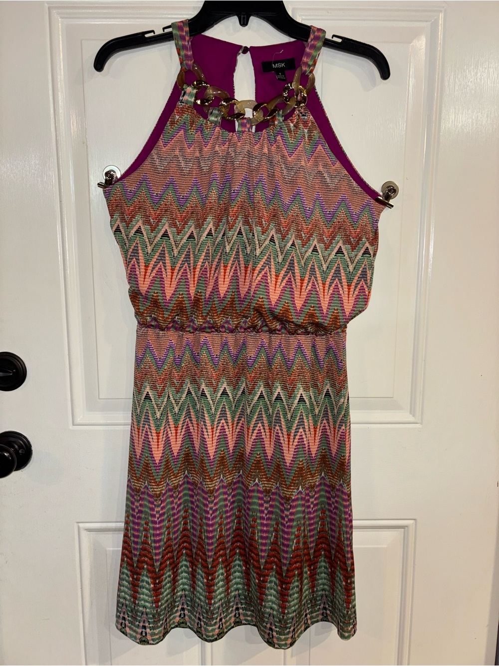MSK Multicolor Zigzag Halter Dress with Chain Accent